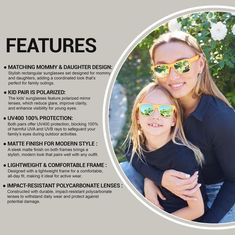 OWL Matching Family Sunglasses - UV400 Protection with Impact Resistant Polycarbonate Lenses - Lightweight Kids’ Polarized Matte Frame Mirror Glasses - Mommy & Me – Mother & Daughter - Turquoise