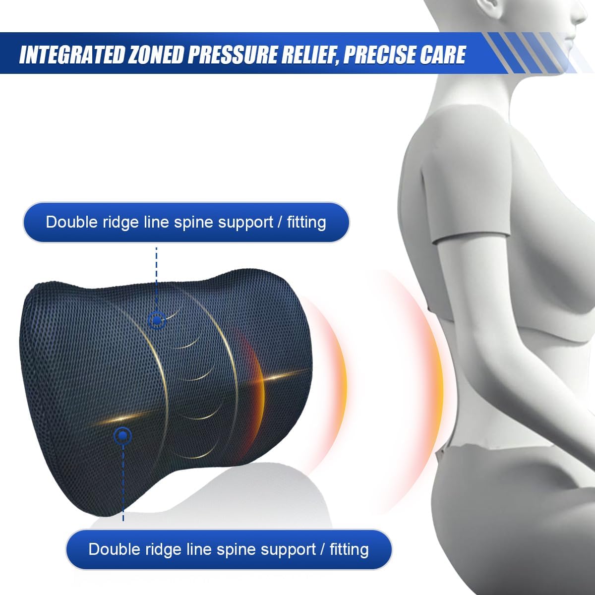 Car Lumbar Support Pillow, Breathable Memory Foam Car Seat Back Cushion for Comfortable Driving, Universal Auto Interior Rest Pillow for Home, Office, Wheelchair (Blue)