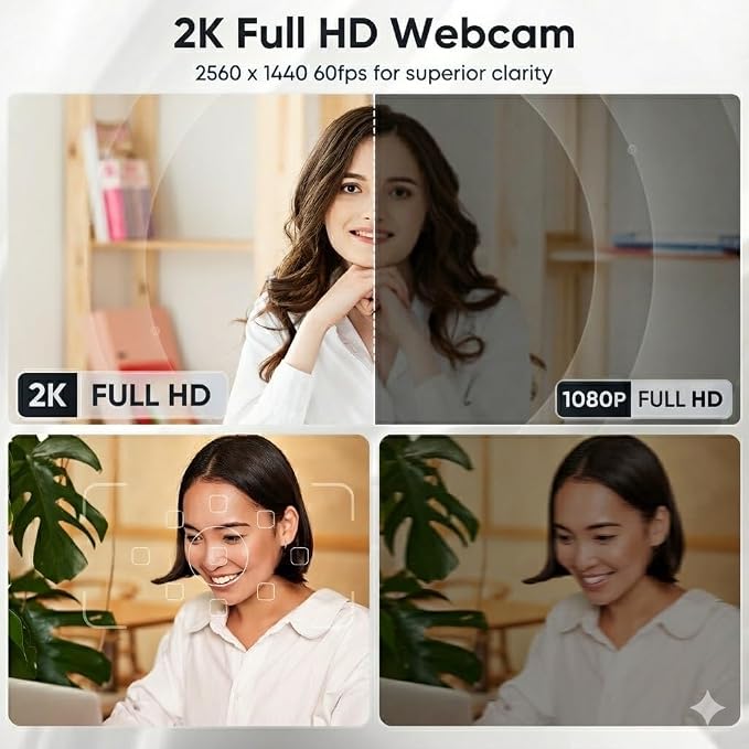 2K Webcam with Microphone, Noise Cancellation, Privacy Cover, Wide-Angle Lens