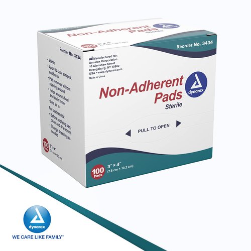 Dynarex Non-Adherent Pads-Sterile, Individually Packaged, Non-Stick Wound and Burn Care, Soft & Highly Absorbent, 3” x 4”, 1 Box of 100 Non-Adherent Pads-Sterile