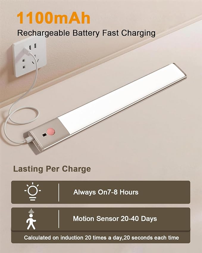 Under Cabinet Lighting,Rechargeable Motion Sensor Light Indoor with Hand Wave Sensor, 3 Color Temps,2Pack Magnetic Dimmable Closet Lights,Wireless Under Counter Lights for Kitchen, Stairs,Hallway