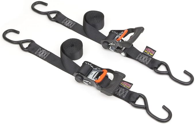 PowerTye 1.5in x 7ft Ergonomic Locking Ratchet Straps with Heavy-Duty S-Hooks - Made in USA - 1,000 lb. Working Load Limit / 3,000 lb. Breaking Strength - Black (Pair)