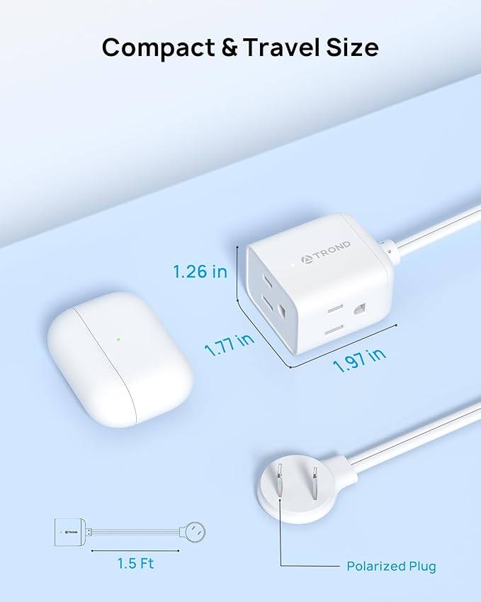 TROND Indoor 2 Prong to 3 Prong Extension Cord - Polarized Flat Plug 3 Outlet Extension 1.5ft, 16 Gauge Cable, 1625W for Non-Ground Socket in Old House School Home Office Kitchen Travel, White