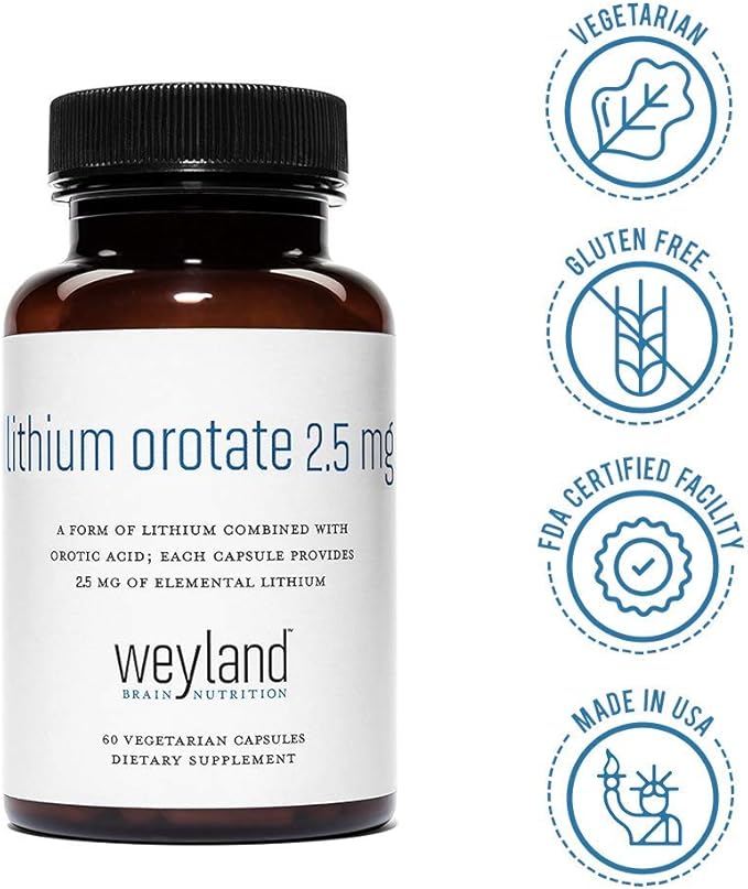Lithium Orotate 2.5mg (1 Bottle), 60 Vegetarian Capsules, Lithium Supplement Supports Healthy Mood, Behavior, Memory and Wellness