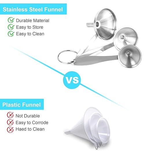Large Small Funnel Set of 3, Food Grade Mini Funnels for Kitchen Use Filling Bottles Liquor Flask Tiny Spice Cooking Powder, 7Pcs Metal Stainless Steel Funnel Long Handle, 3Pcs Cleaning Brushes VOPTON