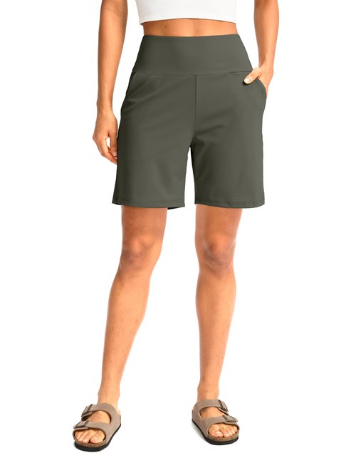 G Gradual Women's Bermuda Long Shorts with Pockets 7" High Waisted Knee Length Shorts for Women Walking Athletic Workout(Grey Sage-L7,M)