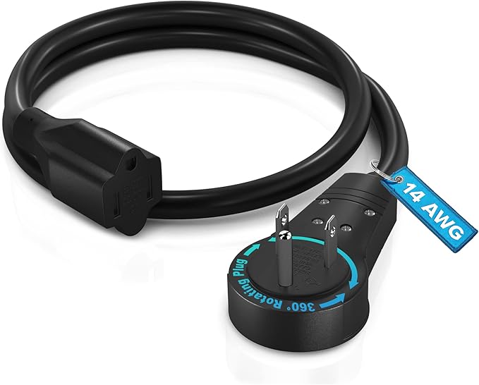 Maximm Extension Cord 2 Feet – 360° Rotating Flat Plug, 3-Prong Grounded Power Cable – UL Certified, 13A 125V, Heavy Duty 14AWG Wire – Ideal for Tight Spaces Behind Furniture – Black