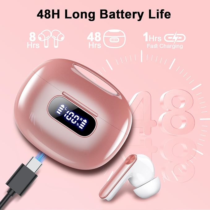 Wekily Wireless Earbuds, Bluetooth 5.3 Headphones LED Power Display, 2025 New Wireless Earphones, 4 ENC Noise Cancelling Mic, HiFi Stereo, 48H Playtime Mini Case IP7 Waterproof for iOS Android