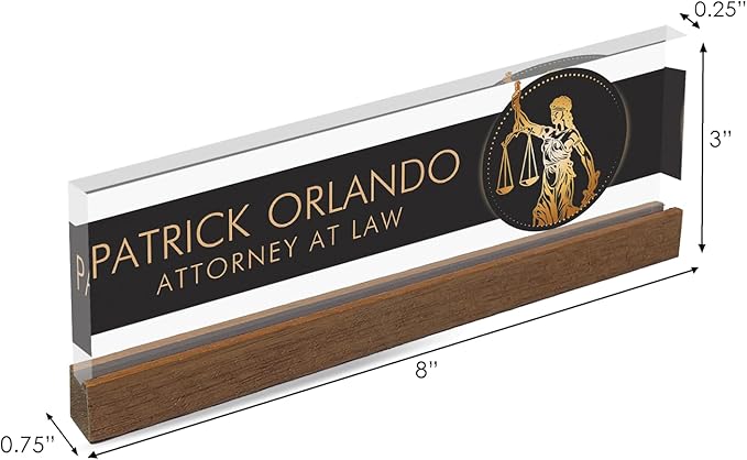 Artblox Personalized Office Desk Name Plate and Business Card Holder | Clear Acrylic Glass with Teak Wood Stand | Lawyer Design Customized with Your Name and Credentials Office Desk Decor