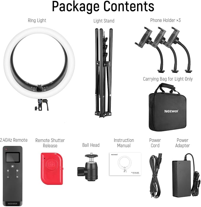 NEEWER 19 inch Ring Light with Stand, 3 Phone Holders and Mini Ball Head