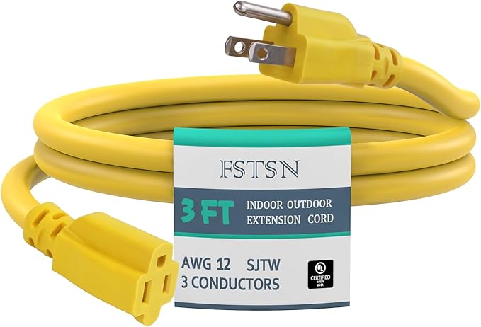 3 ft Heavy Duty Extension Cord Yellow - 12/3 SJTW 15 AMP Indoor Power Cord with 3 Prong Grounded Plug for Lawn Mower, Appliances, Workshop, Christmas Lights Water Resistant Flexible Cable.