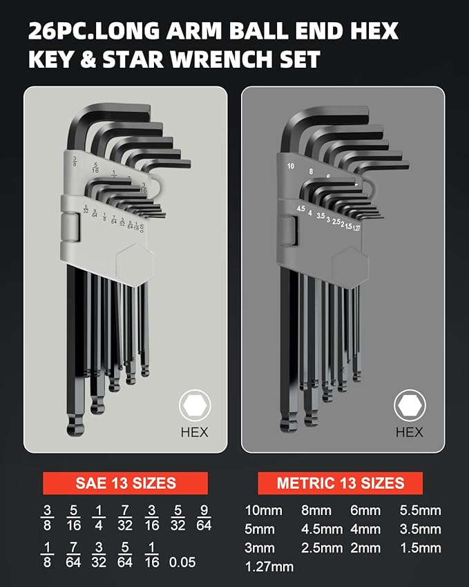 ROTATION 35-Piece Allen Wrenches Set, Metric/SAE/Torx Long Arm Allen Wrench Kit with Ball End, Hex Key Set, Chrome Vanadium Steel for Vehicle, Home & Appliance Repair