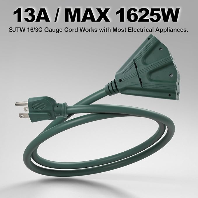 EP 50 Ft Outdoor Extension Cord with 3 Electrical Power Outlets - 16/3 SJTW Green Cable with 3 Prong Grounded Plug for Safety Great for Christmas Lights, Garden and Major Appliances