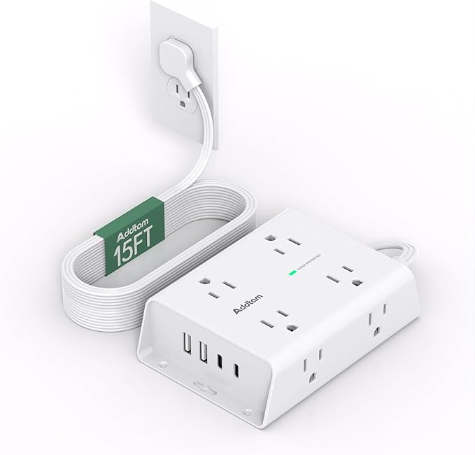 15FT Flat Plug Extension Cord with Multiple Outlets, Surge Protector Power Strip with 8 Outlets 4 USB Ports (2 USB C), Multi Outlet Wall Plug for Home Office College Dorm Room Essentials