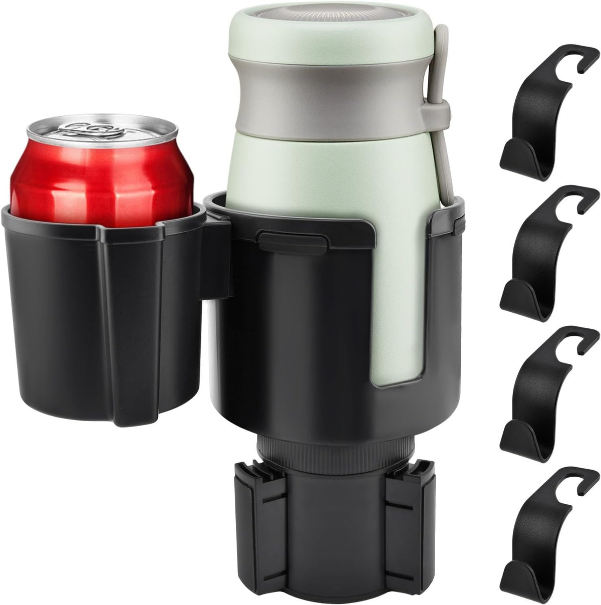 Car Cup Holder Expander, 2-in-1 Cup Holder Adapter with Expandable Base, Fits Large Water Bottles & Mugs in 2.2"-4.2" (10-48oz), 4 Car Seat Headrest Hooks Included