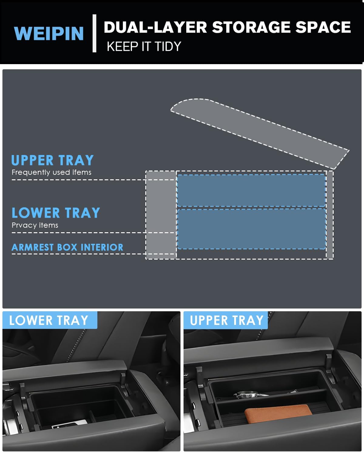 For 2PCS Double Layer Center Console Armrest Organizer ABS Materials Compatible with 2024-2026 L exus TX350/TX350h/TX450h+/TX500h