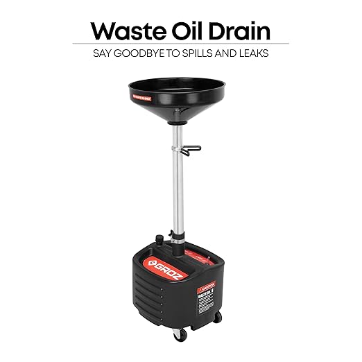 Groz 8 Gallon Waste Oil Drain Pan - Wheeled, Adjustable Height, Spill-Proof Design, Tool Storage (44605)