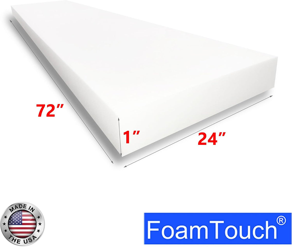 FoamTouch High Density Upholstery Foam (1" x 24" x 72"), 1.79LB Density-45LB ILD, Made in USA – Ideal for Couch Cusions, Chair Cushions, Bench Cushions and Varity of Upholstery Projects