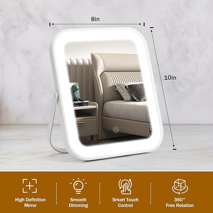 Rechargeable Vanity Mirror with Lights, 10"×8" Makeup Mirror with Lights, 1500mAH Battery, Smart Touch with 3-Color Lighting, Dimmable, HD Desk Mirror, Travel Essentials, Women Gift (White)