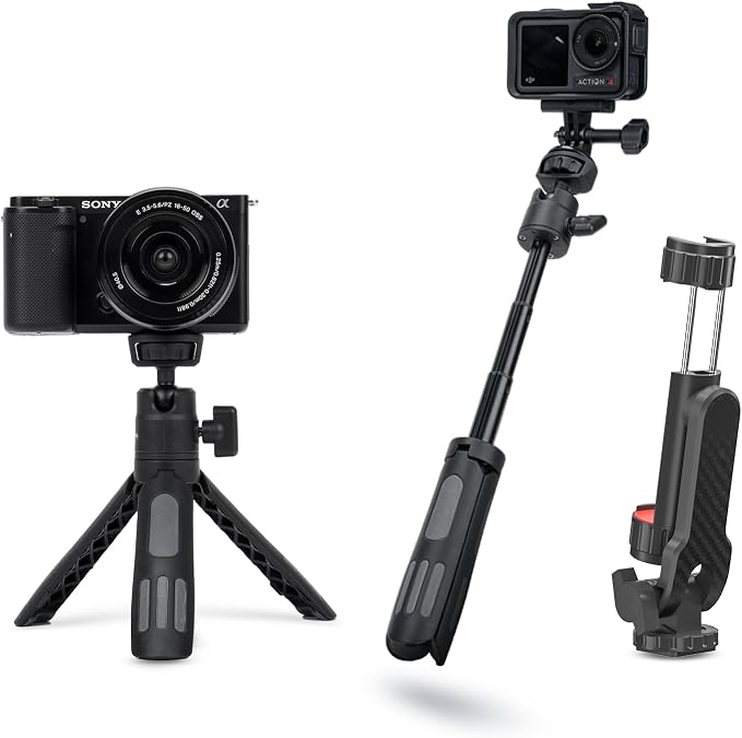 Lightweight Mini Tripod for Camera/Phone/Webcam & Selfie Stick, 360° Phone Clip