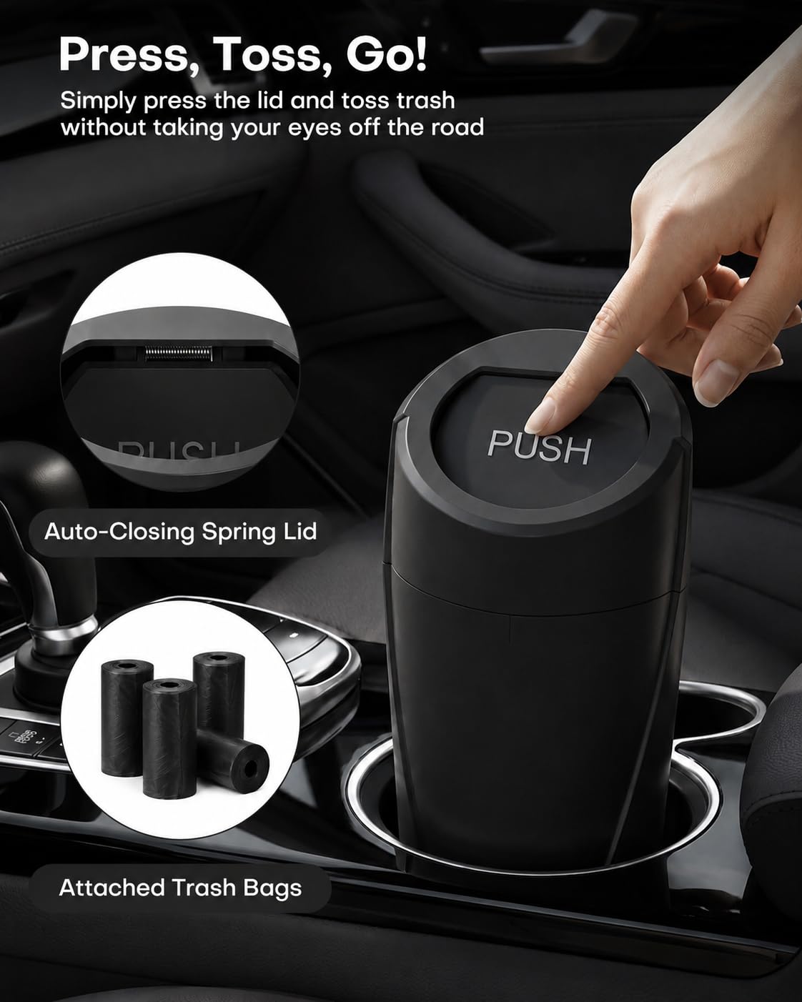 HOTOR Car Trash Can, Black Car Garbage Can with Lid, Bonus Bags, L(2 Pack)