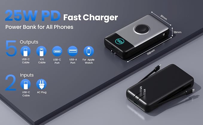 Portable Charger for iPhone with Built-in Cables and AC Wall Plug,Upgraded 40800mah Fast Charging USB C Power Bank,25W PD Travel Essentials Battery Pack for iPhone 17/16/15/14/13,Galaxy,Apple Watch
