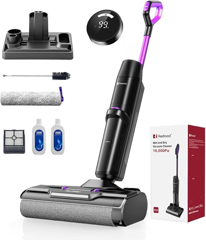 Redroad Wet Dry Vacuum Cleaner 16,000Pa,50Mins Runtime Cleaning Area 3,013 ft²,Cordless Vacuum Cleaner, Cordless Vacuum and Mop All in One,for Hard Floors Sticky Messes and Pet Hair,H15 Set