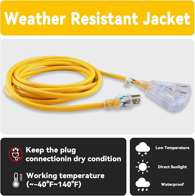 EP 40 Ft 12 Gauge Heavy Duty Extension Cord, 15A 125V 1875W, 3 Outlet Indoor/Outdoor Power Cord with Lighted End, 12/3 SJTW Weatherproof Yellow
