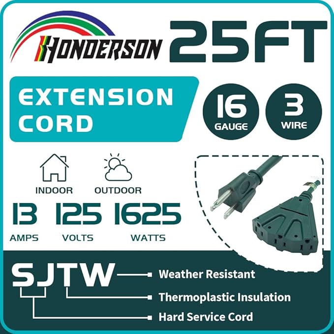 3-Outlets Indoor Outdoor Extension Cord Weatherproof, UL Certified, 16 Gauge 25FT Green 3 Prong Heavy Duty, 16/3 SJTW 13A Power Cord