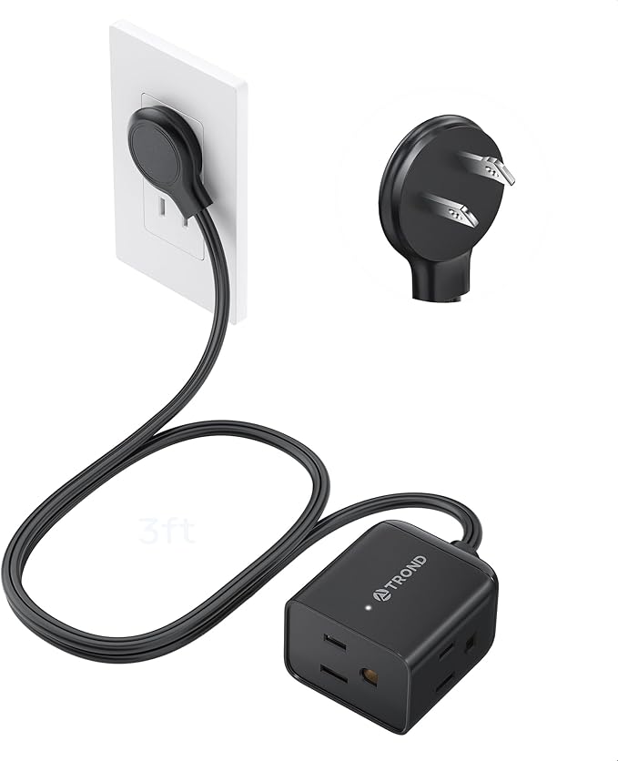 TROND Indoor 2 Prong to 3 Prong Extension Cord 3ft - Polarized Flat Plug for Behind Furniture, Small 3 Way Outlet Extender for Non-Grounded Socket in Old House Home Office Kitchen Travel, Black