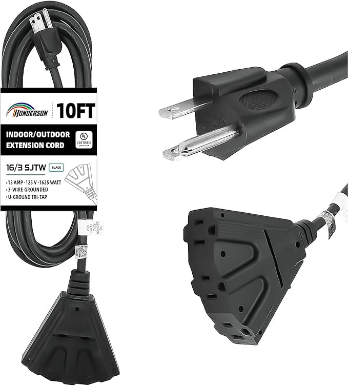 3-Outlets Indoor Outdoor Extension Cord Weatherproof, UL Certified, 16 Gauge 10FT Black 3 Prong Heavy Duty, 16/3 SJTW 13A Power Cord