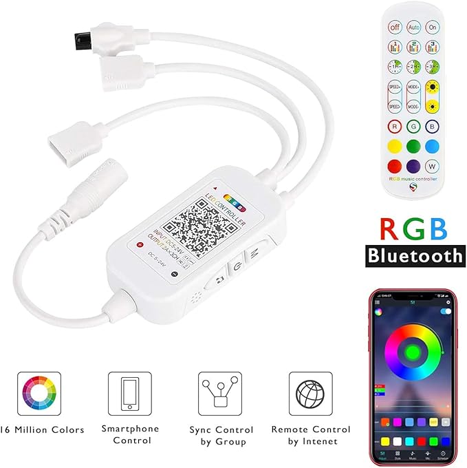 SUPERNIGHT RGB LED Strip Light Controller, APP Controlled LED Smart Music Controller, 2 in 1 RGB Bluetooth Controller Work with Android and iOS System for DC 5V-24V RGB Strip