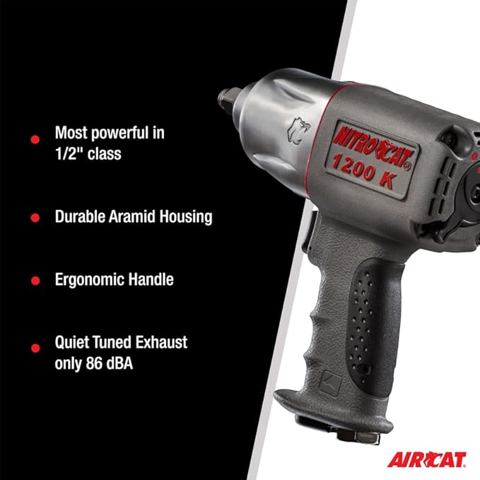 NITRO CAT 1200-K 1/2-Inch Kevlar Composite Air Impact Wrench With Twin Clutch Mechanism, grey and silver, full size