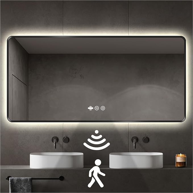 66 x 36 Black LED Bathroom Mirror, Metal Framed Rounded Corner Rectangle Backlit Mirror Bathroom, Anti-Fog, 3-Color Stepless Dimmable Lighted Mirror, Motion Sensor Lights, Memory Function