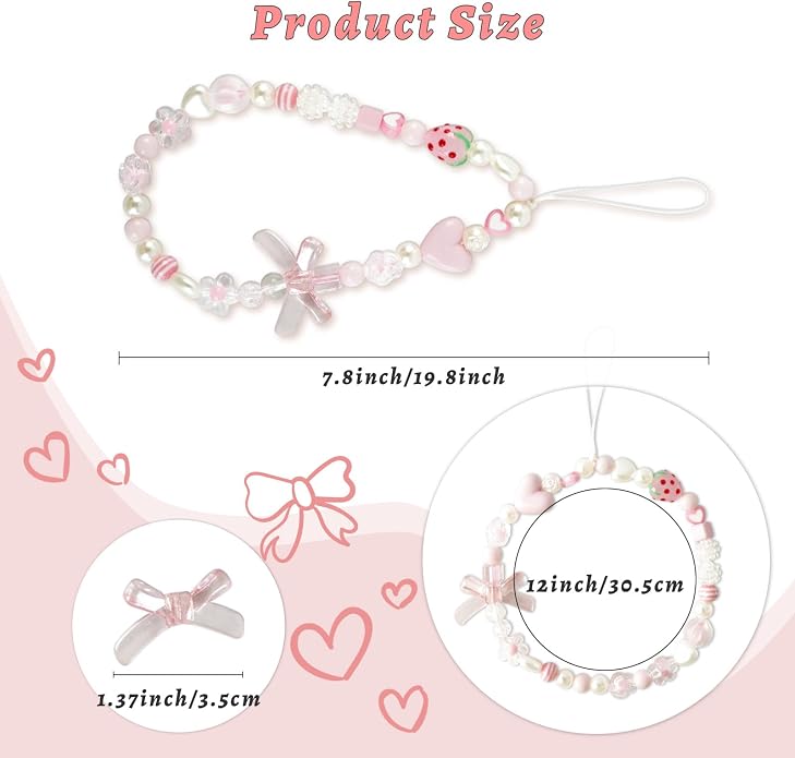 Pink Beaded Phone Wrist Straps, Y2K Phone Case Charms Camera Charm Strap