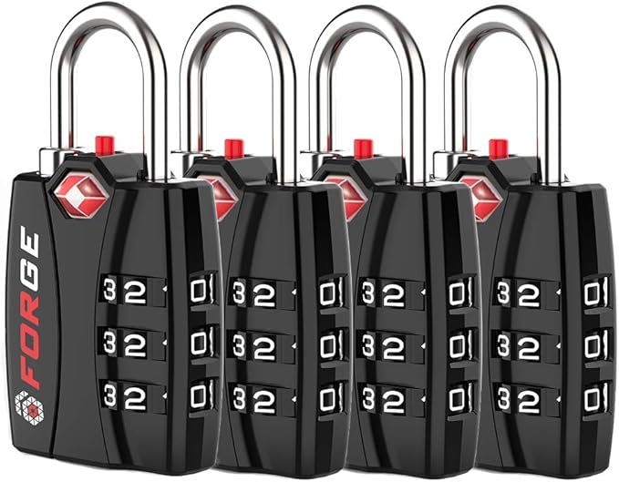 Forge TSA Luggage Combination Lock - Open Alert Indicator, Easy Read Dials, Alloy Body- Ideal for Travel, Lockers, Bags (Black 4PK)