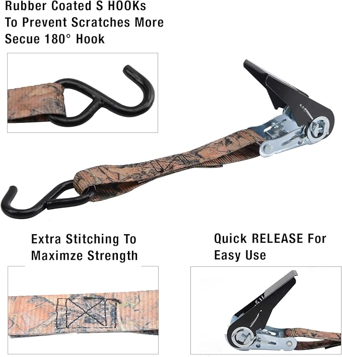 XSTRAP STANDARD Ratchet Straps, 900 LB Break Strength, 8-Pack 10FT Ratchet Tie Down Straps Set for Motorcycle Straps Tie Downs, Appliances, Lawn Equipment, Logistic Cargo Straps for Trucks(Camouflage)