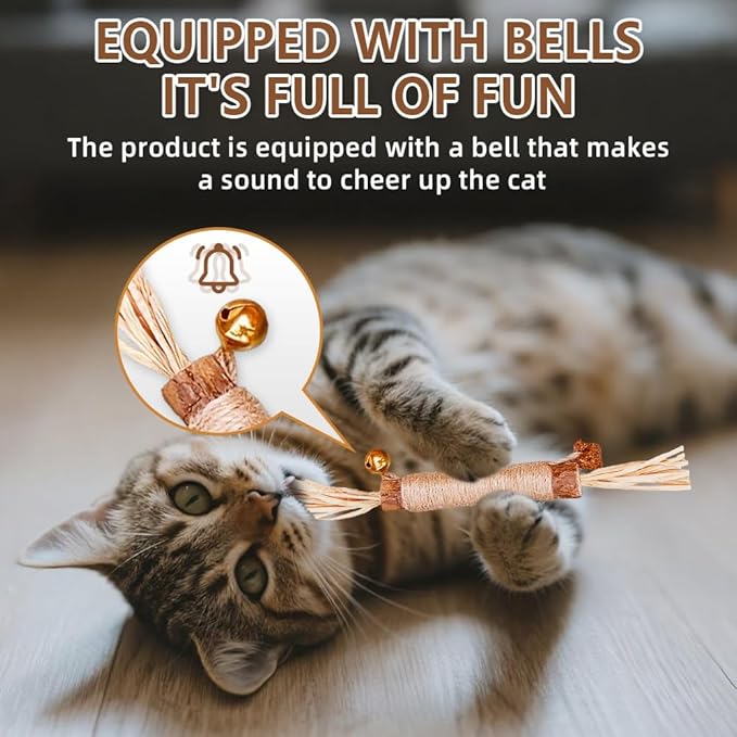 Natural Dried Matatabi Cat Chew Stick with Gall Fruit, Raffia Grass & Bell Cat Ball Toys, Handmade Silvervine Sticks Interactive Catnip Toys for Teething & Entertainment (Size M Color G)