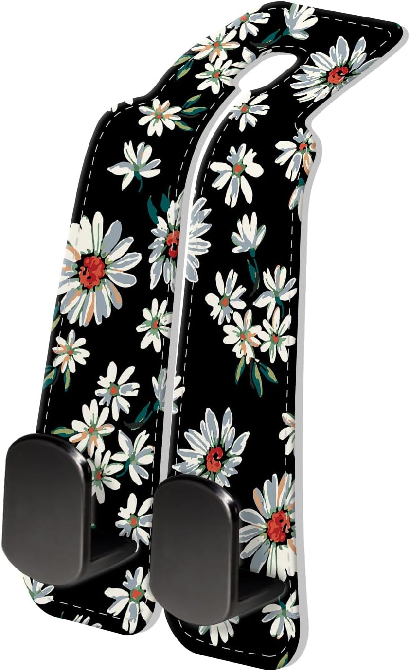 PU Leather Car Seat Hook, Storage Headrest Hanger, Cute Car Backseat Organizer, Car Hooks For Purses and Bags Cute Pink Daisy