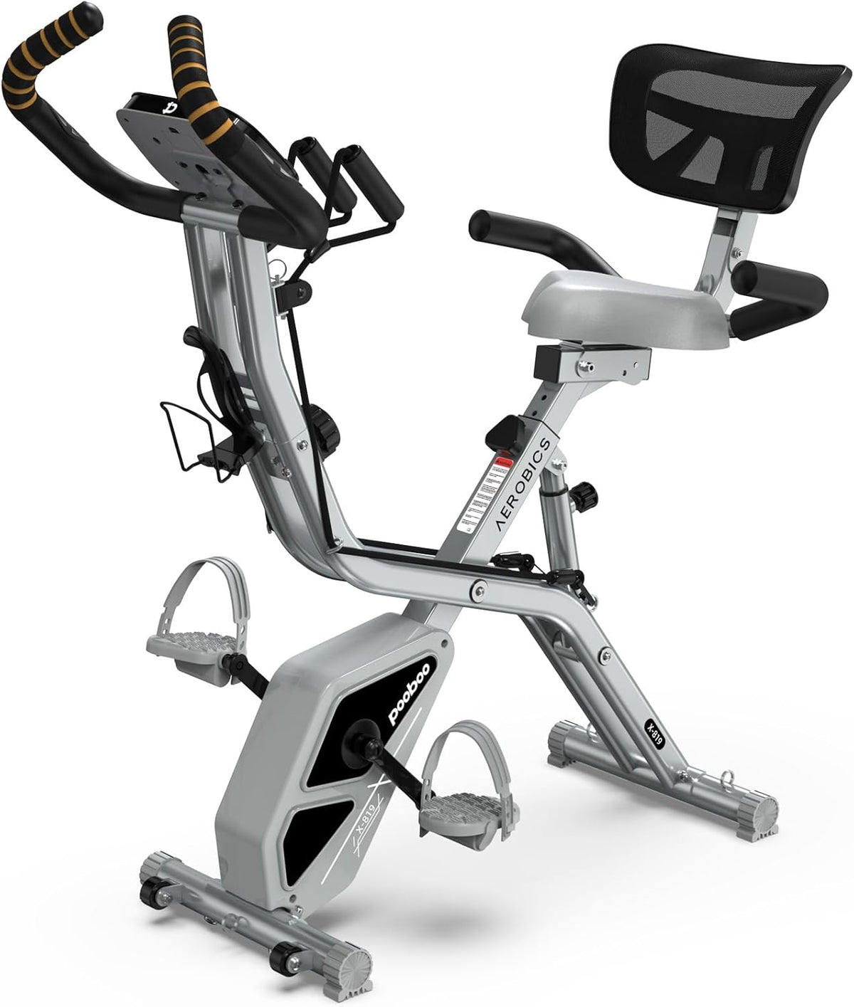 Pooboo Folding Exercise Bike - Magnetic Upright Stationary Bike with 8-Level Resistance | 300LB Capacity, Back Support Cushion