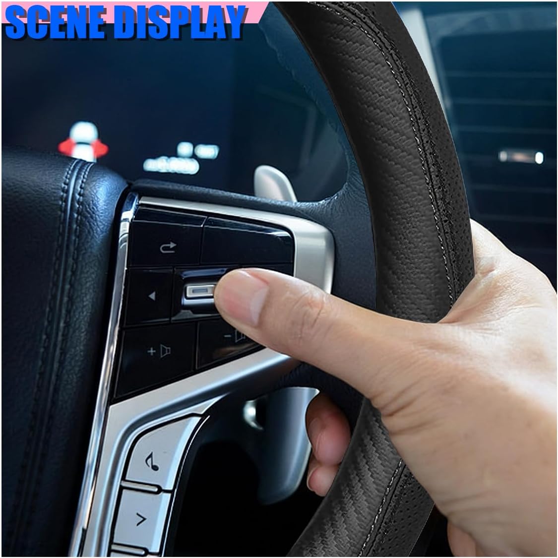 Craedli Carbon Fiber Nappa Leather Car Steering Wheel Cover 14.5-15 Inch