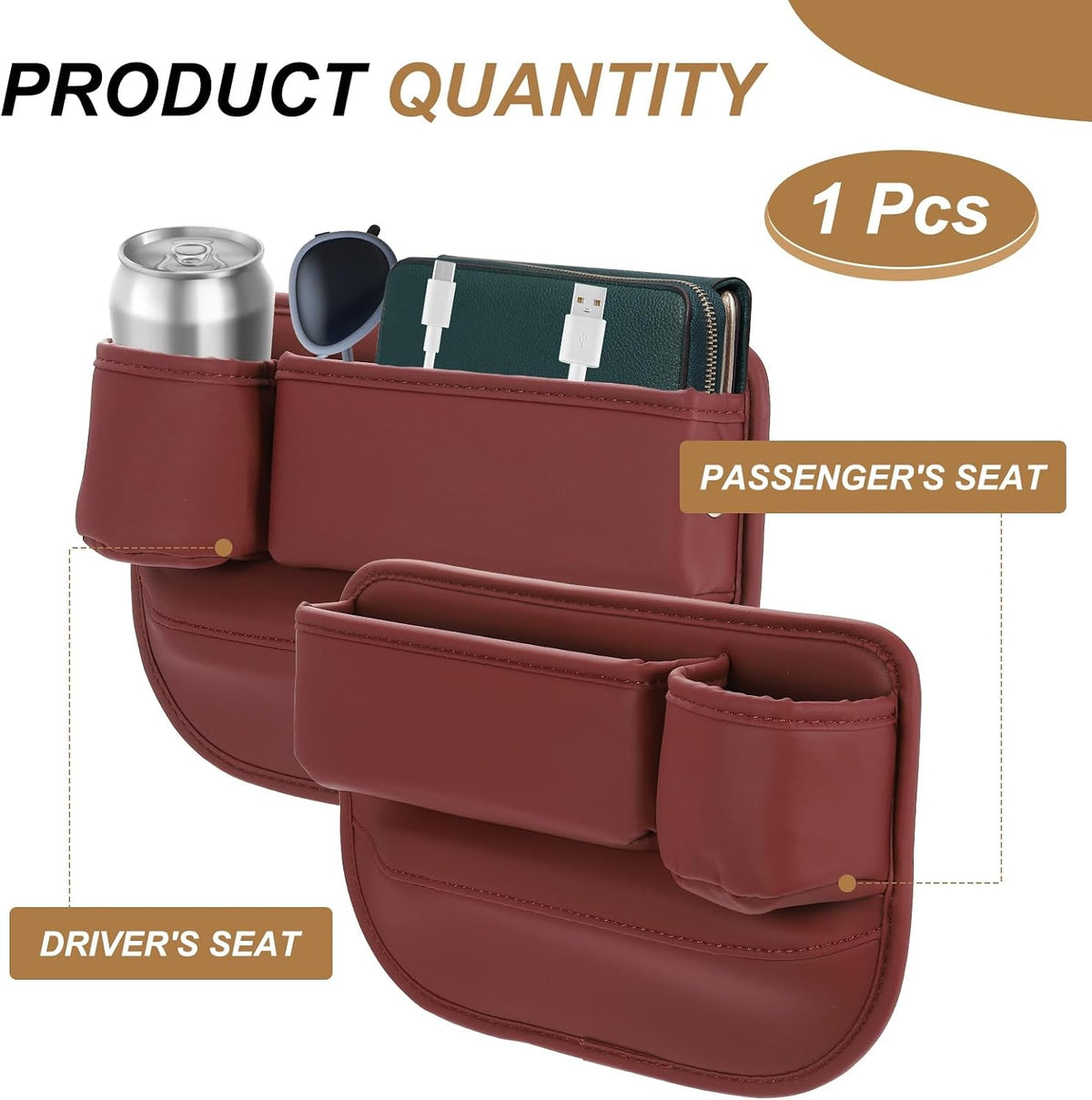 HARFINGTON Car Seat Gap Filler Organizer 11.8 x 8.3 x 2.2 Inch PU Universal Car Organizer Storage Box Between Seat and Console (Left) with Cup Holders for Phone Sunglasses Keys, Red