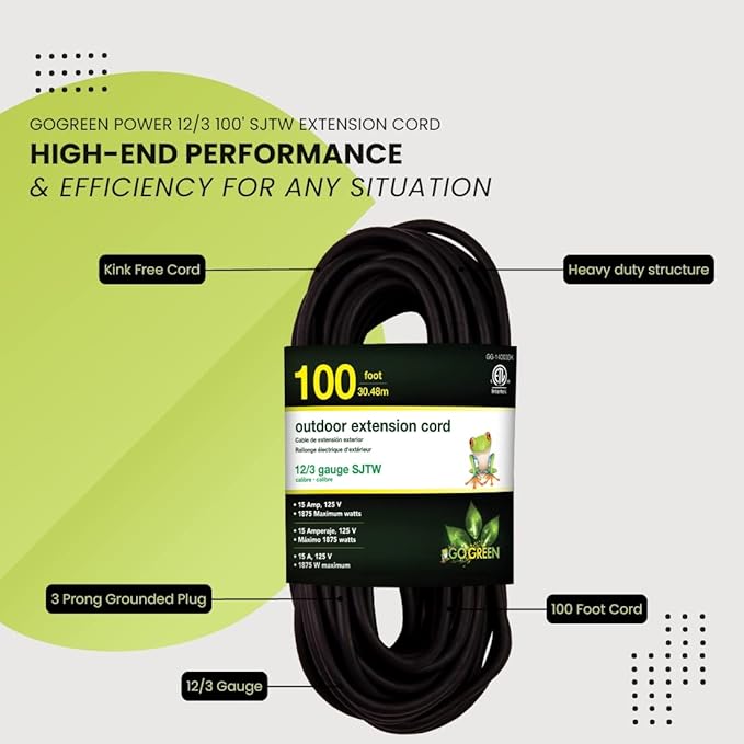 Go Green Power Inc. (GG-14000BK) 12/3 SJTW Outdoor Extension Cord, Black, 100 ft