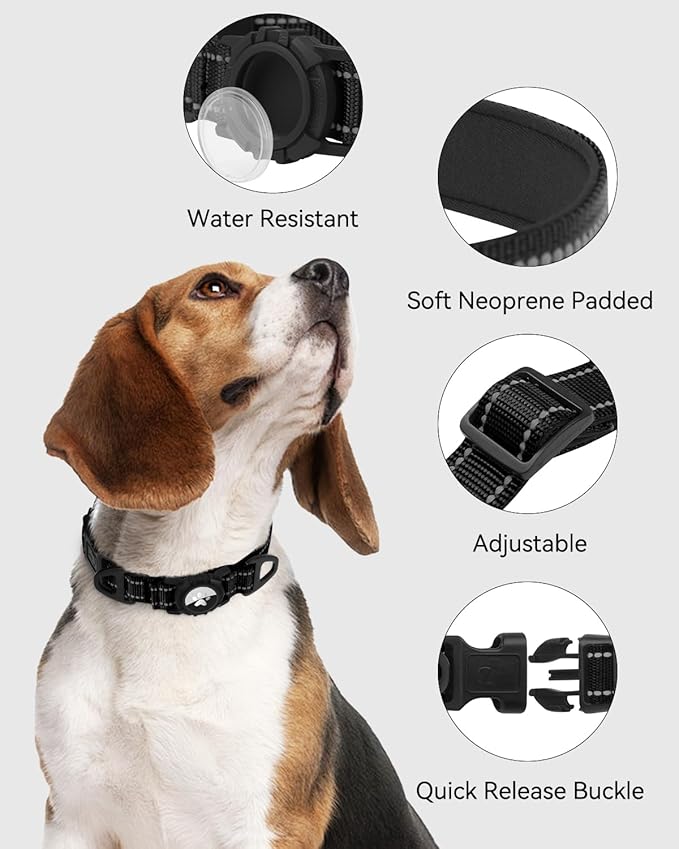 Joytale Airtag Dog Collar, Dual D-Rings, Reflective Pet Collar with Waterproof AirTag Holder, Soft Padded Adjustable for Medium Dogs, Black, M