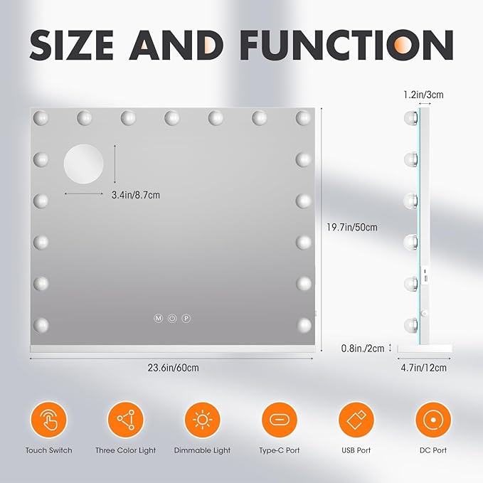 Hasipu Vanity Mirror with Lights, 24" x 20" Hollywood Mirror, Makeup Mirror with 17 Dimmable Bulbs and 10X Magnification, 3 Colors Modes, Touch Control, USB Charging Port, Type-C (Square White)