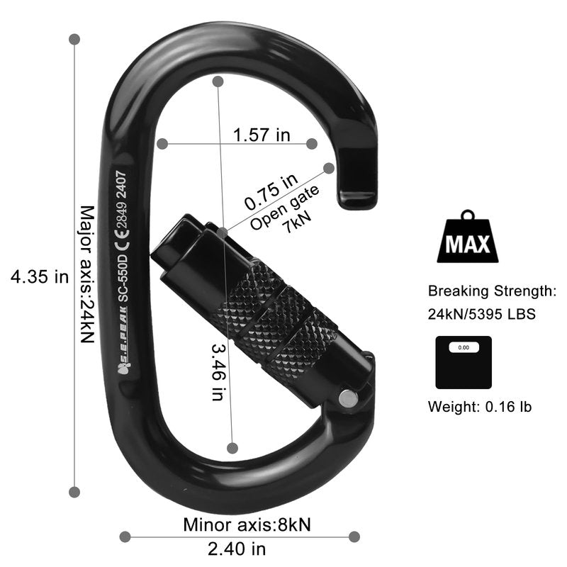S.E.PEAK UIAA & CE 24kN Oval Climbing Twist Clip for Outdoor Activities, Stormproof, Hiking, Mountaineering, Climbing, Camping, Fishing, Hunting, Skiing, Snowshoeing,Black,2pc