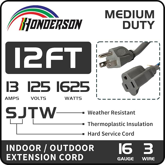 Indoor Outdoor Extension Cord Weatherproof, UL Certified, 16 Gauge 12FT Grey 3 Prong Heavy Duty, 16/3 SJTW 13A Power Cord for Outdoor Lights, Appliances, Lawn