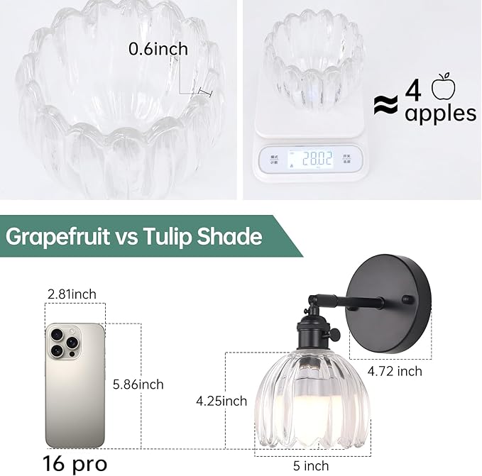 Vintage Battery Operated Wall Sconce with Transparent Tulip Glass Lampshade Rechargeable Battery Powered Black Wall Light with Remote Control for Bedside Bedroom Doorway, Set of 2
