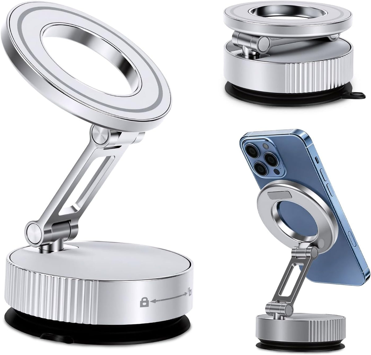 LifetimeWarranty Durability Magnetic Car Phone Holder, 360°Adjustable Car Mount w/ Vacuum Suction, Pocket Size Strong Magnetic Phone Mount for Dashboard&Windshield, Compatible with iPhone 17-12,Silver