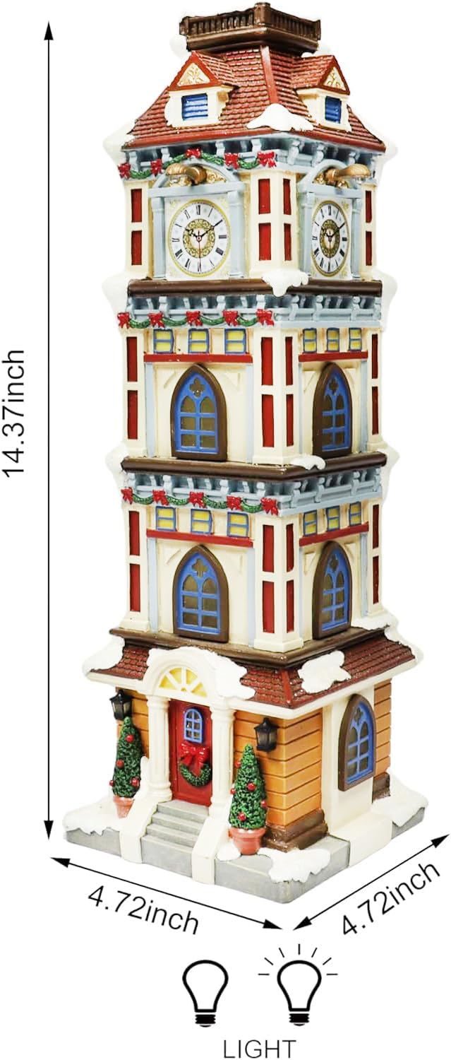 MOMENTS IN TIME Lighted Christmas Clock Tower 14.5” LED Hand-Painted Polyresin